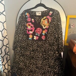 Savanna Jane Black Leopard Print Dress with Colorful Floral Embroidery
